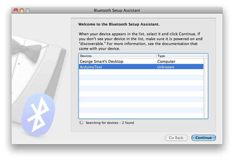 Pairing to ArduinoTest in OS X