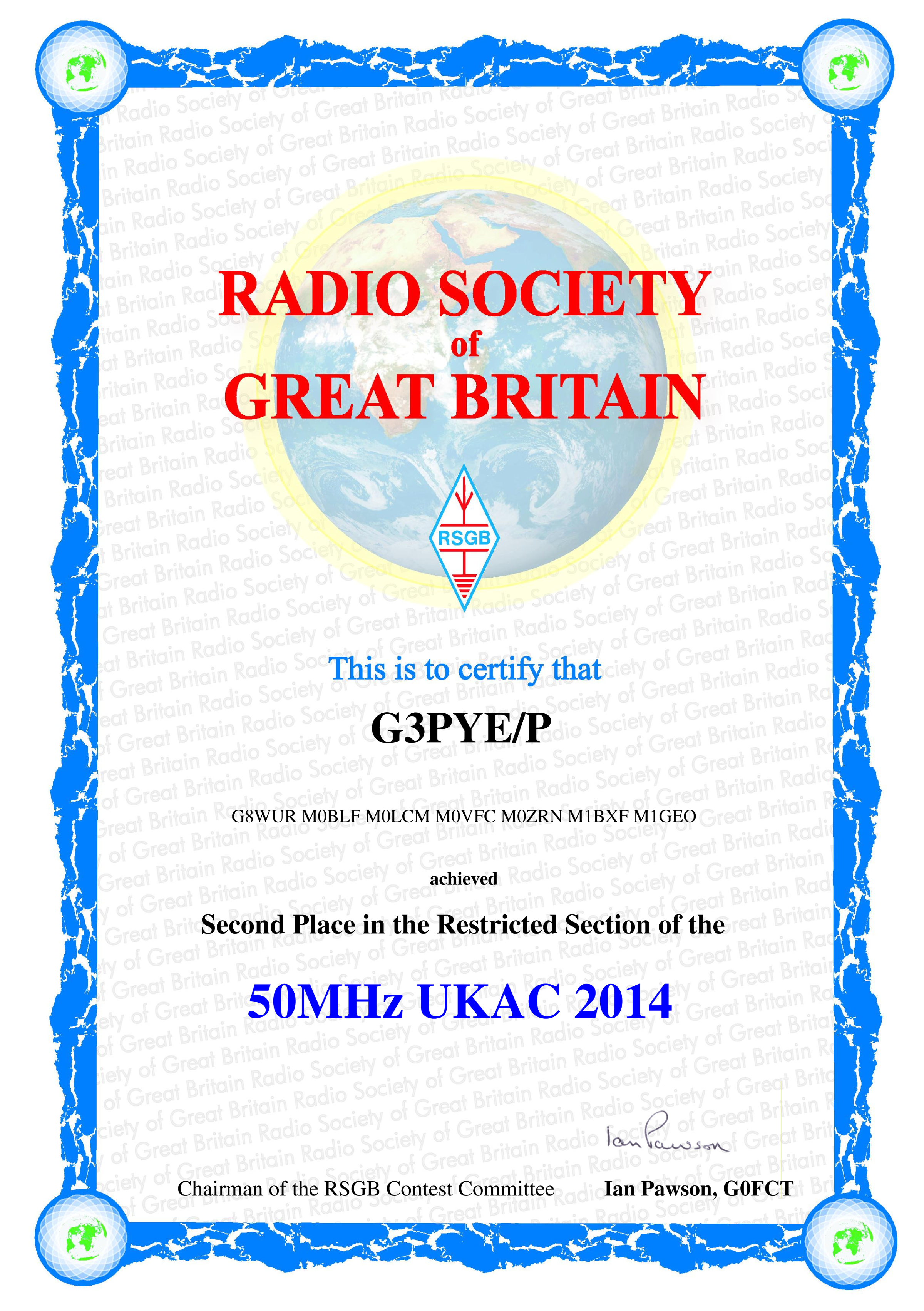 2nd Place for the 2014 50 MHz UKAC
